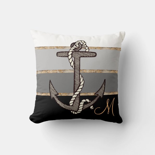 Anchor & Rope (black gradient w/ monogram) Throw Pillow (Front)