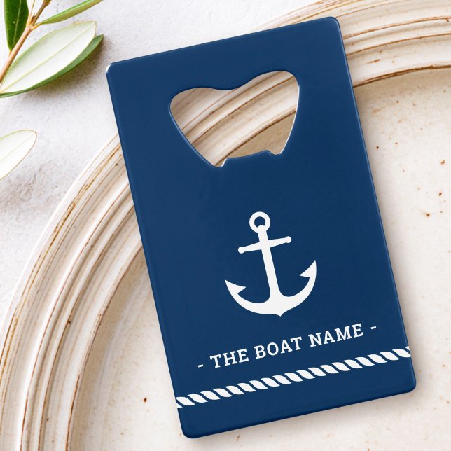 Anchor rope border boat name dark blue credit card bottle opener (Anchor rope border boat name dark blue credit card bottle opener)