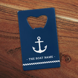 Anchor rope border boat name dark blue credit card bottle opener