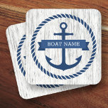 Anchor rope border boat name driftwood background beverage coaster<br><div class="desc">Coasters featuring a dark blue nautical anchor surrounded by a rope border on a light gray driftwood background. Across the anchor is a blue ribbon with a template field for your boat's name or other custom text.</div>