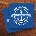 Anchor rope border boat name welcome aboard beverage coaster<br><div class="desc">Coaster featuring a white nautical anchor surrounded by a rope border on a dark blue background. Across the anchor is a light blue banner with customizable text "welcome aboard". Add your boat's name and hailing port.</div>