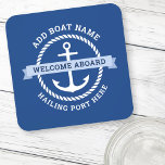 Anchor rope border boat name welcome aboard beverage coaster<br><div class="desc">Coaster featuring a white nautical anchor surrounded by a rope border on a dark blue background. Across the anchor is a light blue banner with customizable text "welcome aboard". Add your boat's name and hailing port.</div>