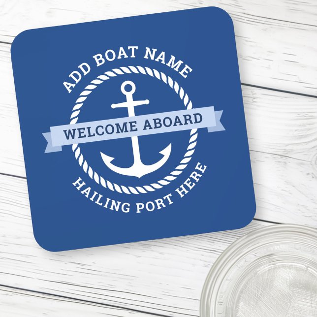 Anchor rope border boat name welcome aboard beverage coaster (Anchor rope border boat name welcome aboard beverage coaster)