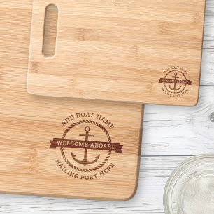 Anchor rope border boat name welcome aboard engraved cutting board