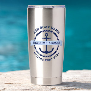 Anchor rope border boat name welcome aboard insulated tumbler