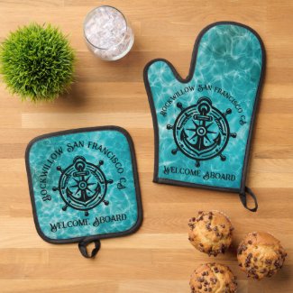Anchor Rope Ship Wheel Boat Name Welcome Aboard Oven Mitt & Pot Holder Set