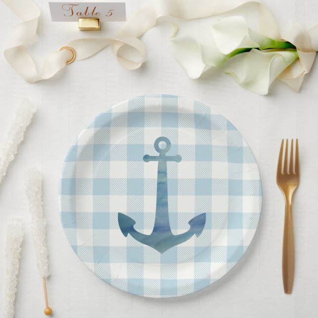 Anchor Sailboat Nautical Blue Gingham Check Paper Plates (Wedding)