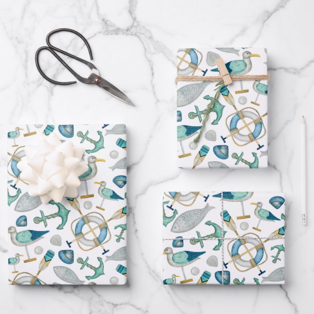 Anchor Sailing Nautical Seagull Life Preserver  Wrapping Paper Sheets (Front)