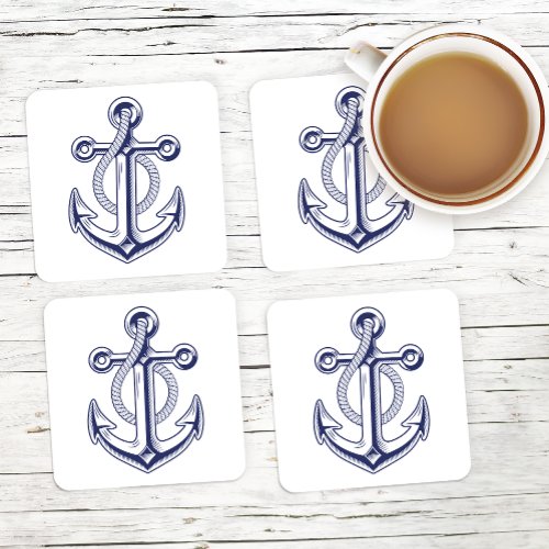 Anchor Sailor Navy Blue Elegant Nautical Wedding Square Paper Coaster