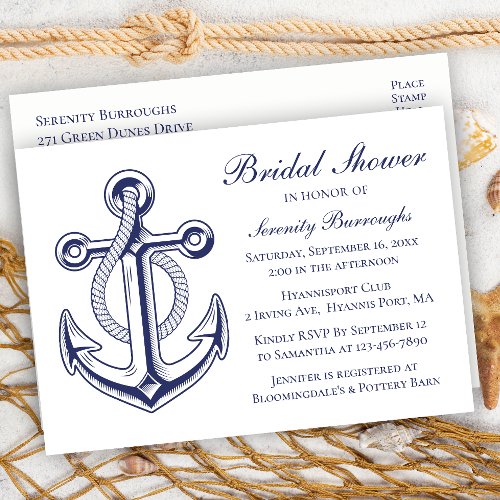 Anchor Sailor Navy Blue Nautical Bridal Shower  Invitation Postcard