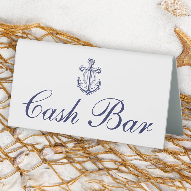 Anchor Sailor Navy Blue Nautical Wedding Cash Bar Table Tent (Creator Uploaded)