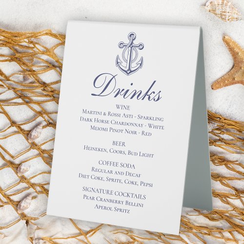 Anchor Sailor Navy Blue Nautical Wedding Drinks Table Tent Sign