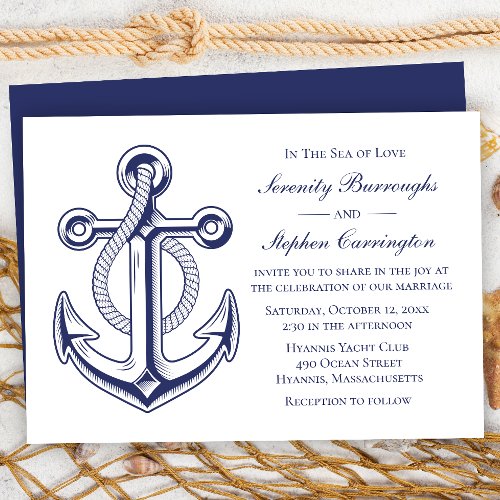Anchor Sailor Navy Blue Nautical Wedding Invitation