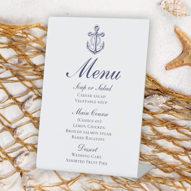 Anchor Sailor Navy Blue Nautical Wedding Menu Pedestal Sign (Creator Uploaded)