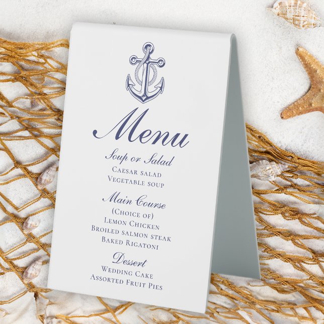 Anchor Sailor Navy Blue Nautical Wedding Menu Table Tent (Creator Uploaded)