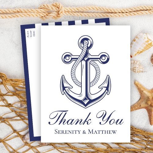 Anchor Sailor Navy Blue Nautical Wedding Thank You Postcard