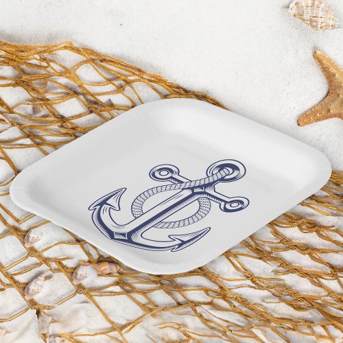 Anchor Sailor Ocean  Navy Blue Nautical Wedding Paper Plates