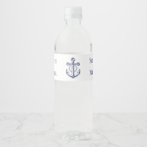 Anchor Sailor Ocean Navy Blue Nautical Wedding  Water Bottle Label