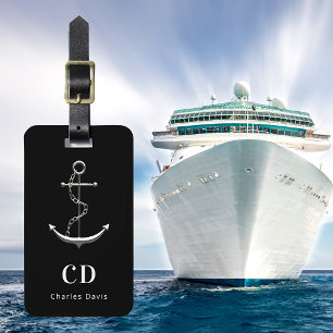 Anchor sea silver black monogram name luggage tag