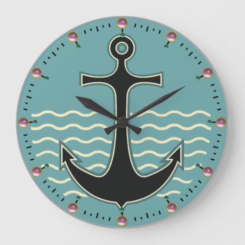 ANCHOR SEA WAVES IN NAVY BLUE LARGE CLOCK