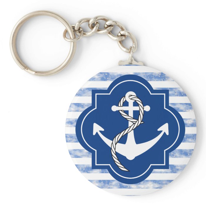 Anchor Silhouette With Nautical Blue Stripes Key Chains