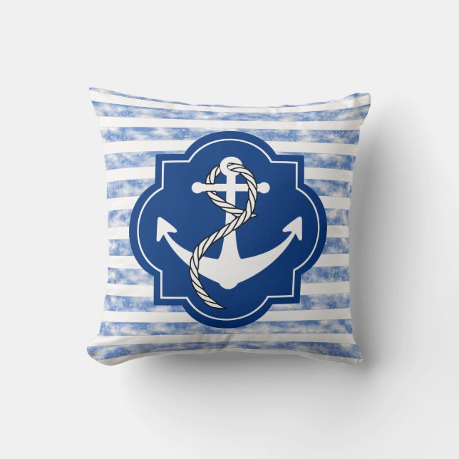Anchor Silhouette With Nautical Blue Stripes Throw Pillow (Front)