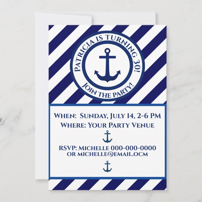 Anchor Stamp & Diagonal Stripe Birthday Invitation (Front)