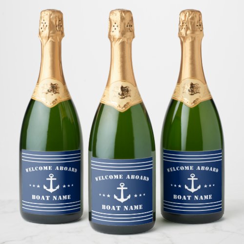 Anchor Stars Welcome Aboard Boat Name Navy Blue Sparkling Wine Label