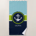 ANCHOR STRIPED NAUTICAL MONOGRAM GREEN AND NAVY BEACH TOWEL