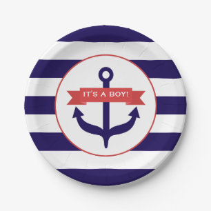 Anchor + Stripes Boy Baby Shower Paper Plates
