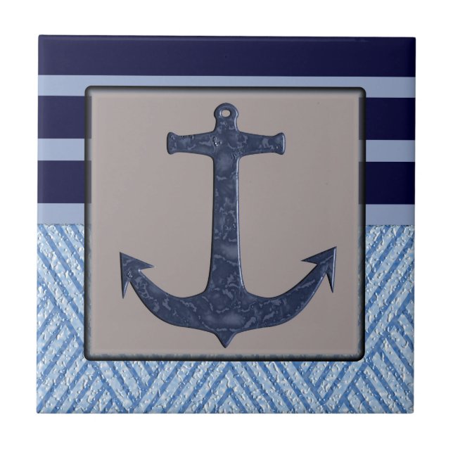Anchor & Stripes Nautical Design Ceramic Tile (Front)