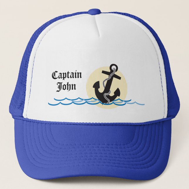 Anchor, Sun and Water Personalized Captain Trucker Hat (Front)