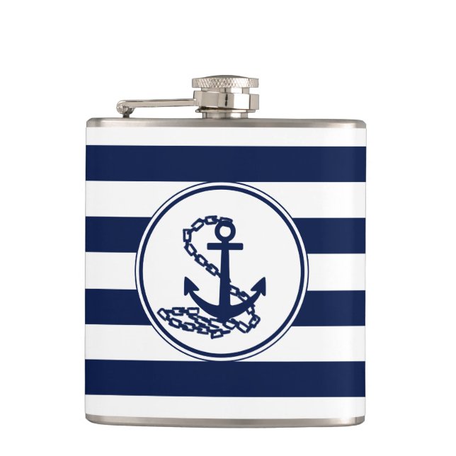 Anchor Symbol Blue And White Stripes Sailor Style Flask (Front)