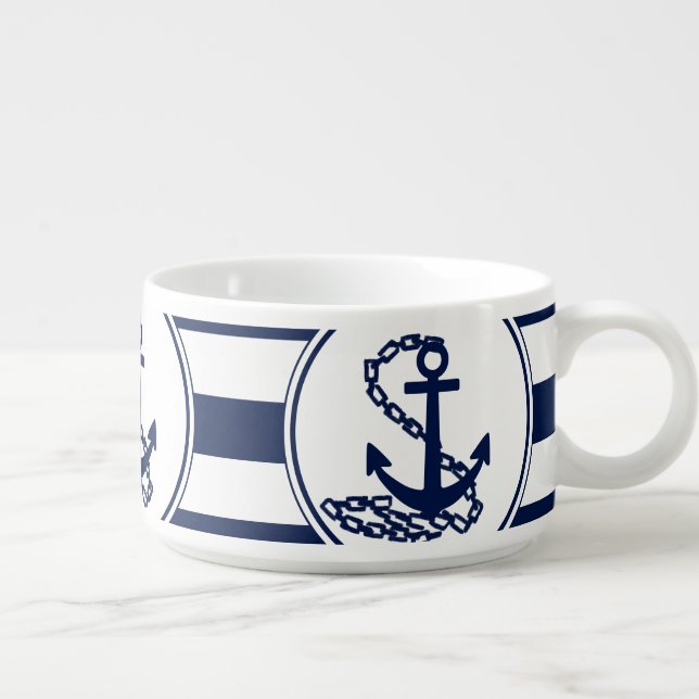 Anchor Symbol Blue/ White Stripes Nautical Style Bowl (Left)