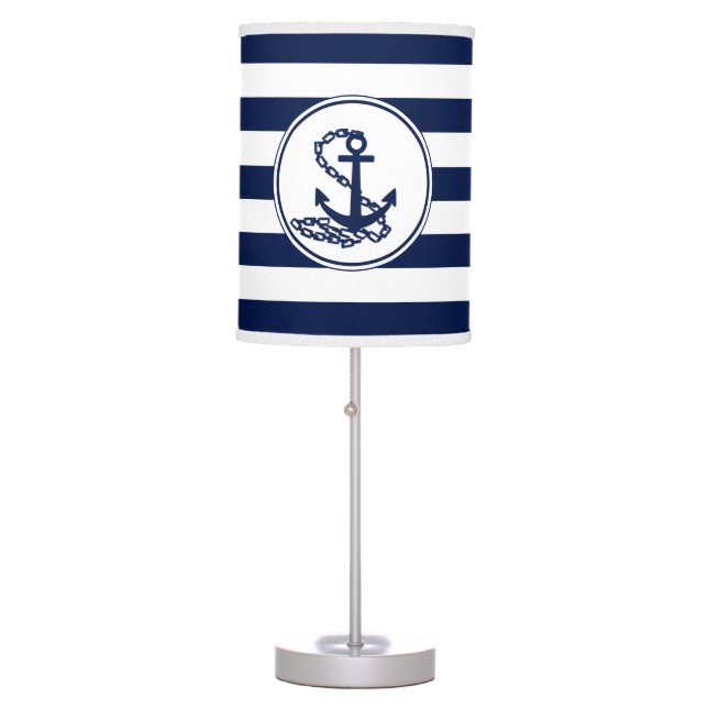 Anchor Symbol Blue/ White Stripes Nautical Style Table Lamp (Front)