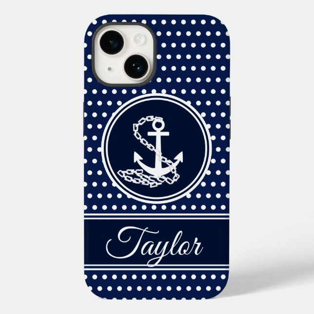 Anchor Symbol Maritime Blue And White Custom Name Case-Mate iPhone Case (Back)
