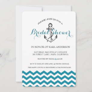 Anchor Teal Blue Chevron Nautical Bridal Shower Invitation