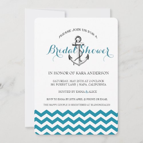 Anchor Teal Blue Chevron Nautical Bridal Shower Invitation