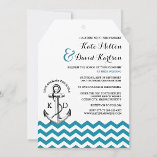 Anchor Teal Blue Chevron Nautical Marine Wedding Invitation