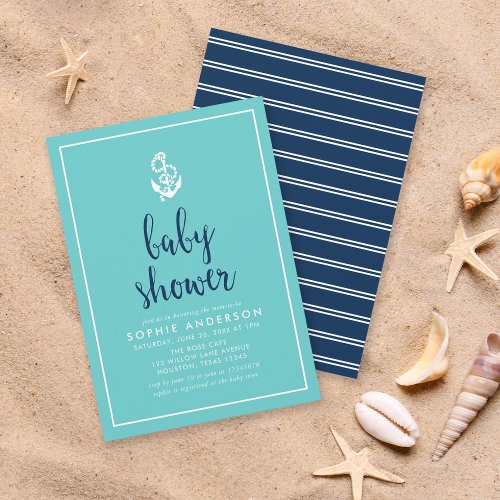 Anchor Turquoise and Blue Script Baby Shower Invitation