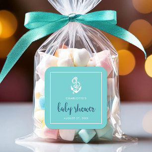 Anchor Turquoise and Blue Script Baby Shower Square Sticker