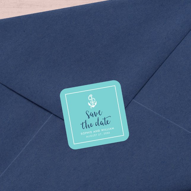 Anchor Turquoise and Blue Script Save the Date Square Sticker (Creator Uploaded)