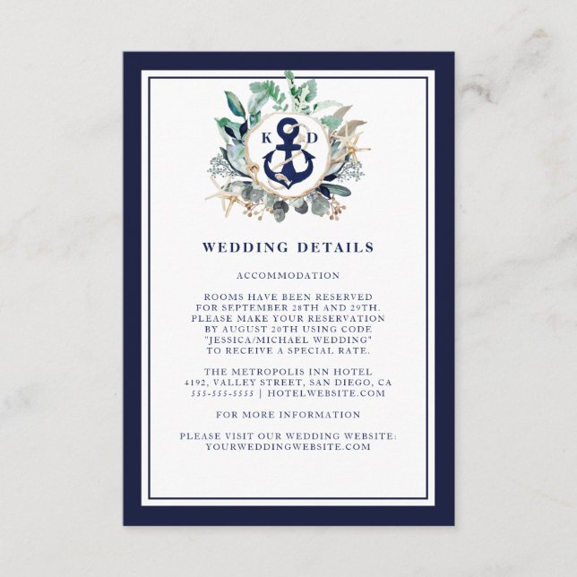 Anchor Watercolor Greenery Wreath Wedding Details Enclosure Card (Front)