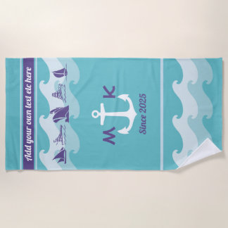 Anchor Waves Nautical Ship Boat Yacht Monogram Beach Towel