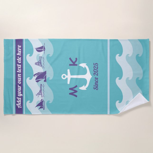 Anchor Waves Nautical Ship Boat Yacht Monogram Beach Towel (Front)