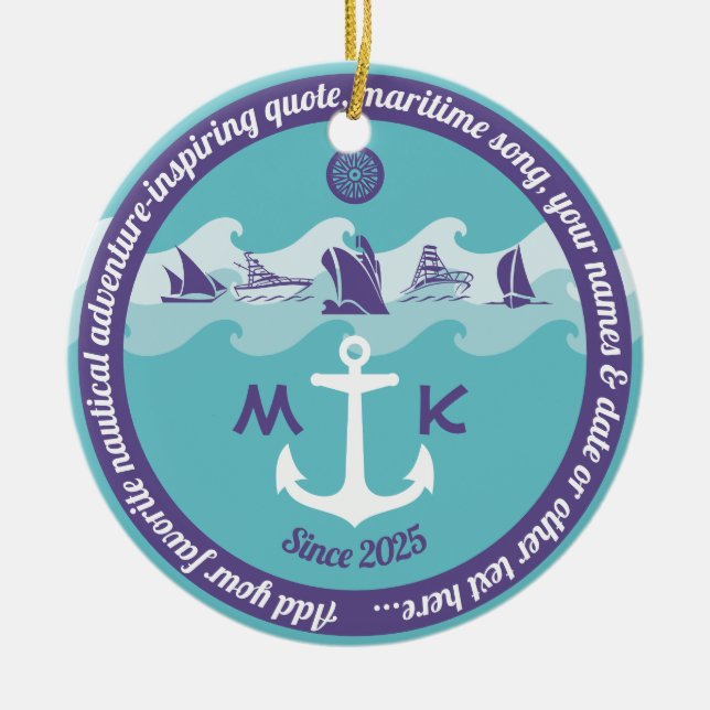 Anchor Waves Nautical Ship Boat Yacht Monogram Ceramic Ornament (Front)