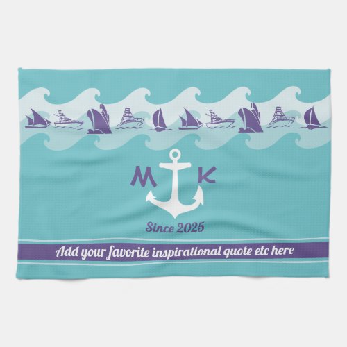 Anchor Waves Nautical Ship Boat Yacht Monogram Kitchen Towel