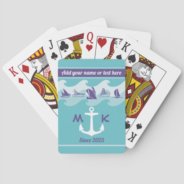 Anchor Waves Nautical Ship Boat Yacht Monogram Poker Cards (Back)