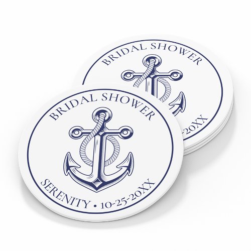 Anchor Wedding Navy Blue Nautical Bridal Shower Round Paper Coaster