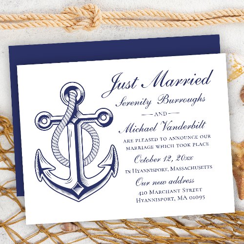 Anchor Wedding Navy Blue Nautical Just Married  Invitation